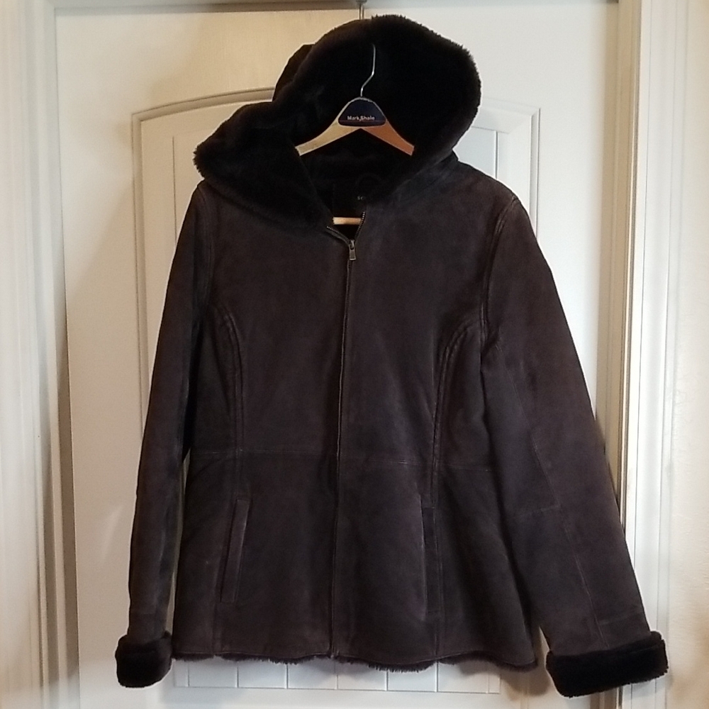 100% Genuine Leather Dark Brown Suede Coat with Hood By Sonoma Size Large EUC